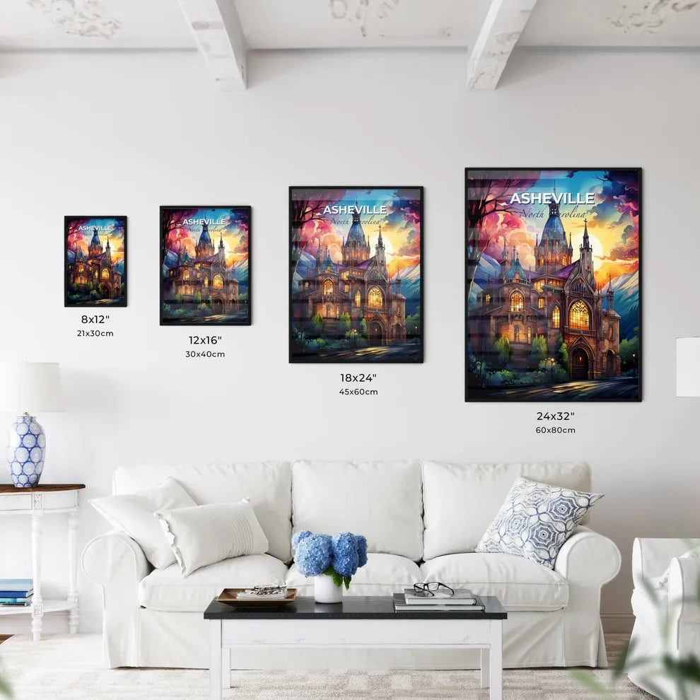 Asheville, North Carolina, A Poster of a painting of a castle with a colorful sky and trees Default Title