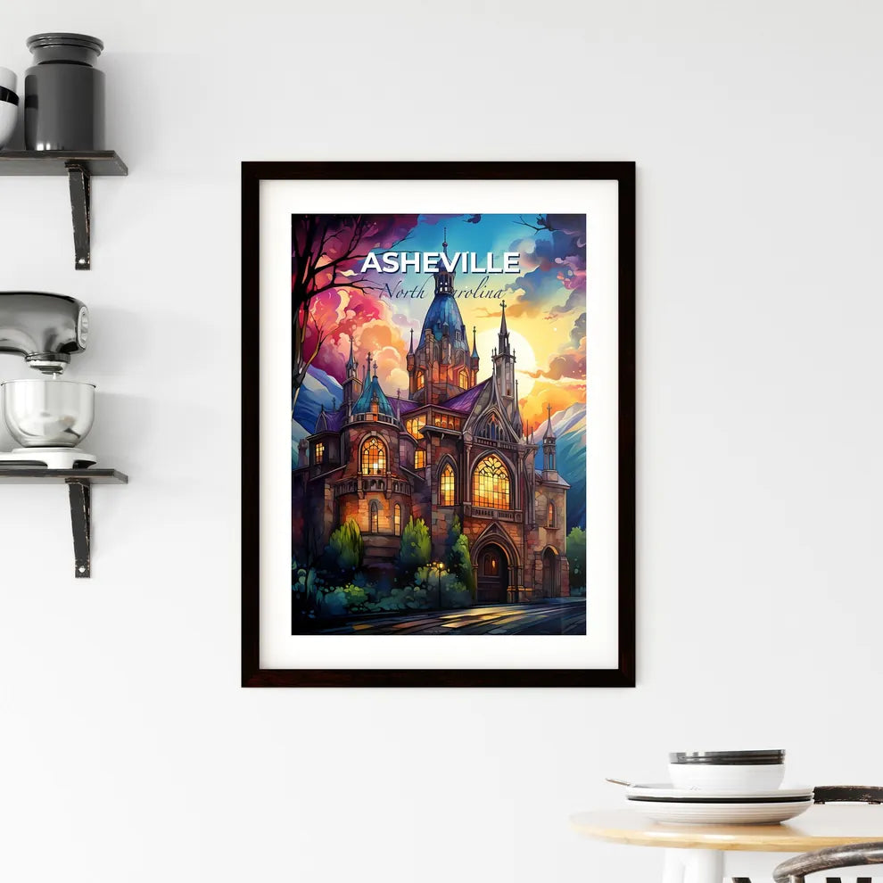 Asheville, North Carolina, A Poster of a painting of a castle with a colorful sky and trees Default Title