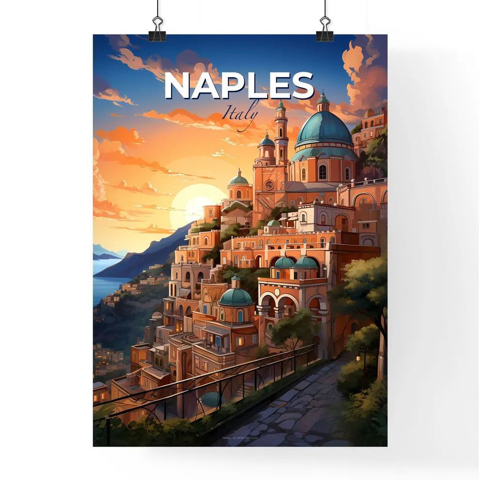 Naples, Italy, A Poster of a city on a hill with a blue dome and trees Default Title