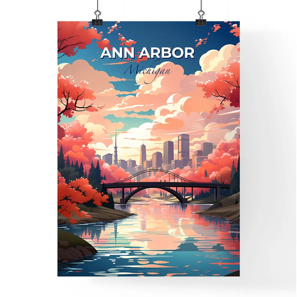 Ann Arbor, Michigan, A Poster of a bridge over a river with trees and a city in the background Default Title