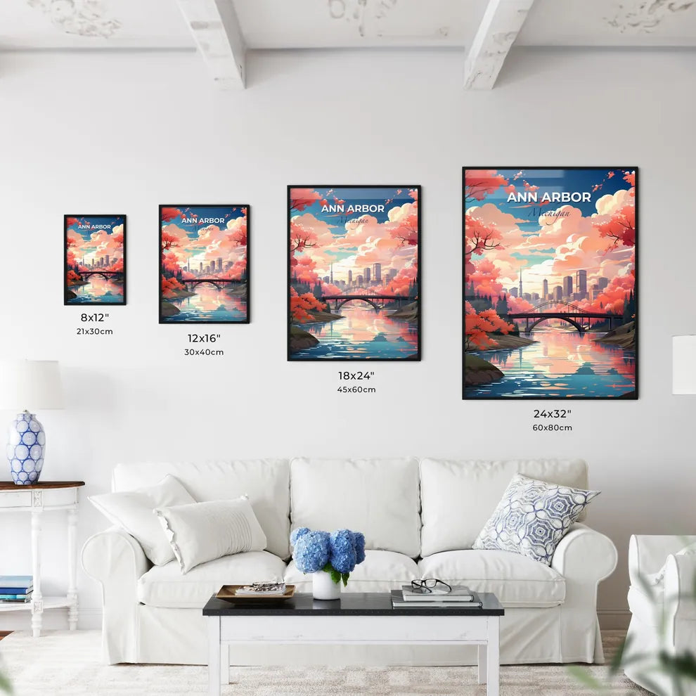 Ann Arbor, Michigan, A Poster of a bridge over a river with trees and a city in the background Default Title