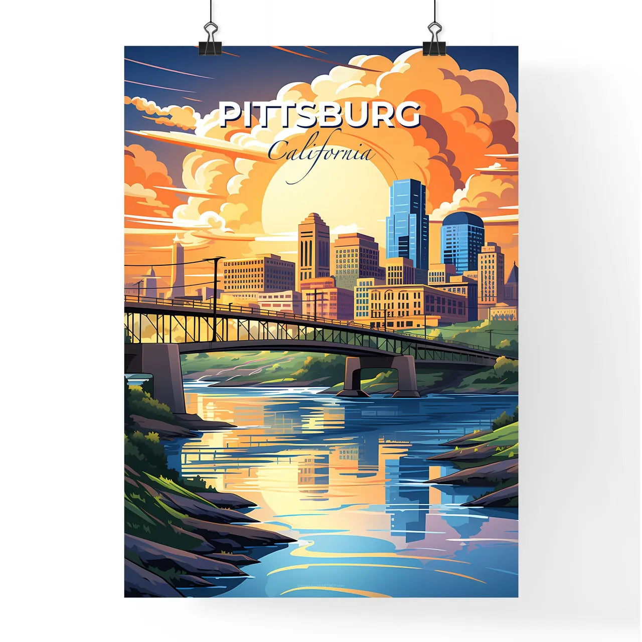 Pittsburg, California, A Poster of a bridge over a river with a city in the background Default Title