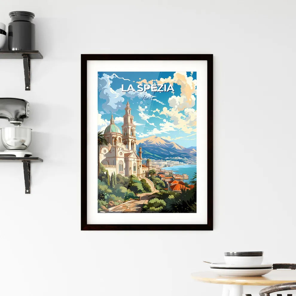 La Spezia, Italy, A Poster of a building with a steeple and trees and mountains in the background Default Title