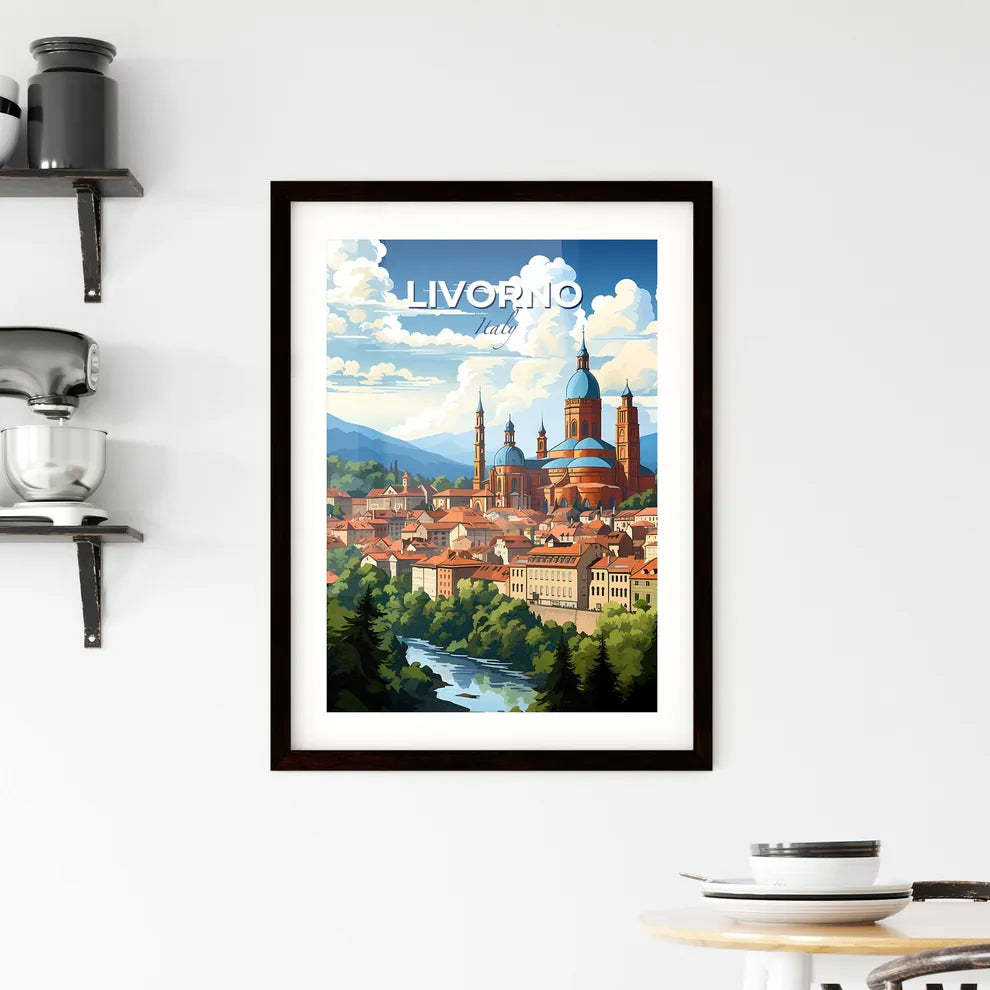 Livorno, Italy, A Poster of a city with a river and trees Default Title