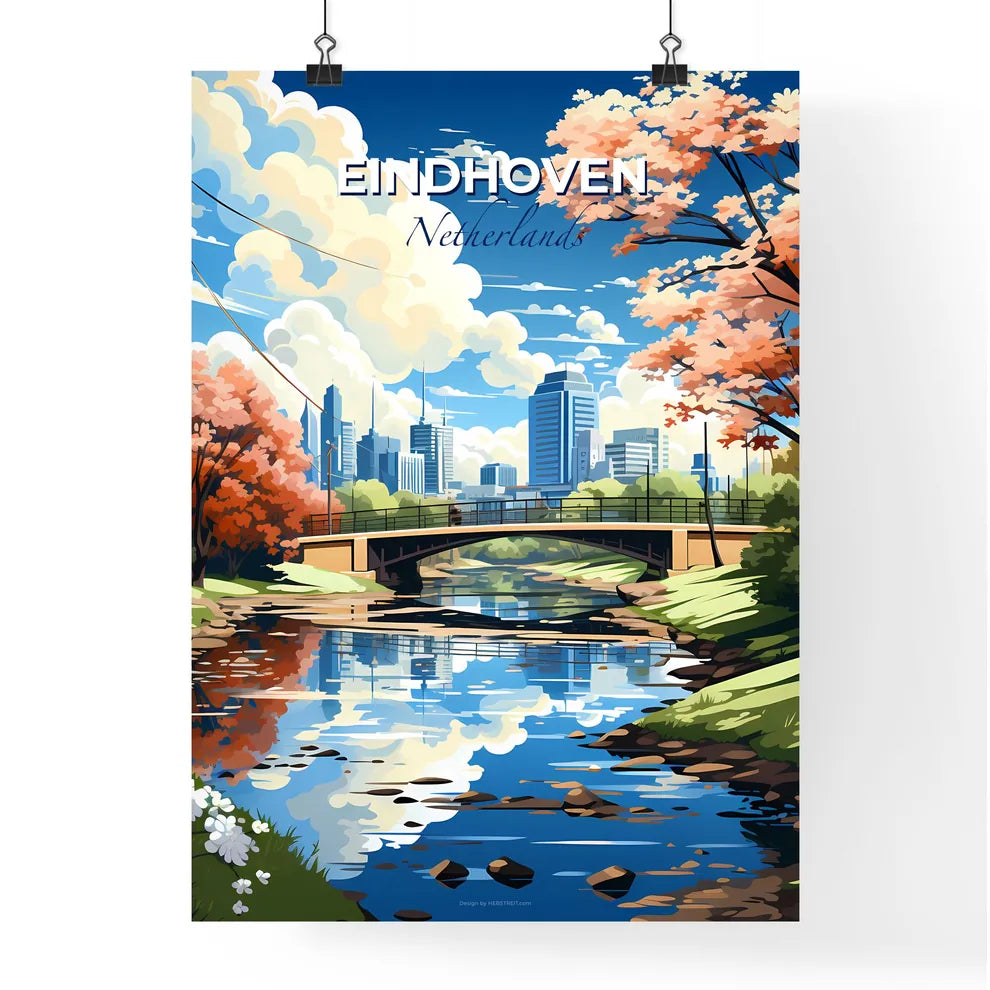 Eindhoven, Netherlands, A Poster of a bridge over a river with trees and a city in the background Default Title