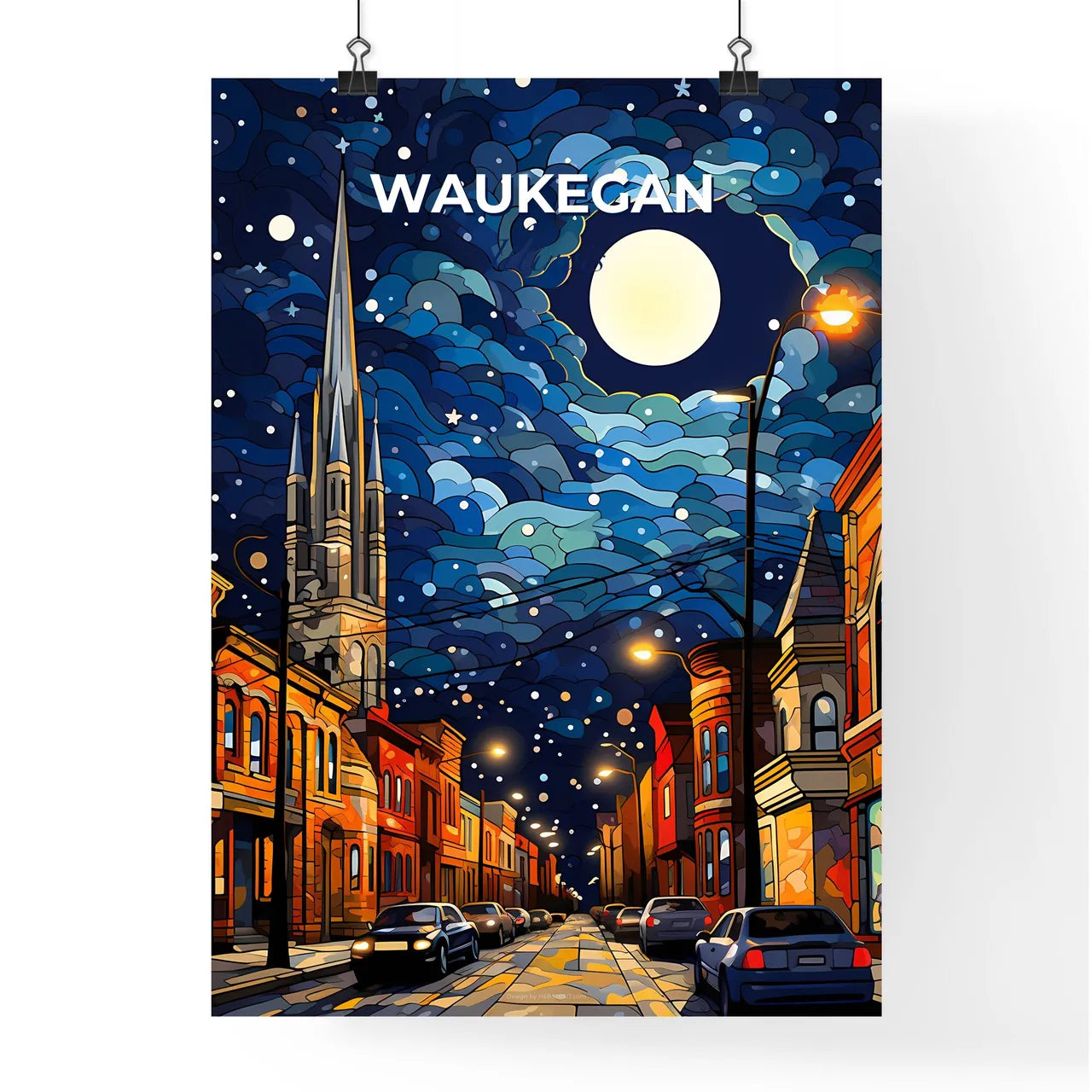 Waukegan, Illinois, A Poster of a street with cars and a church in the background Default Title