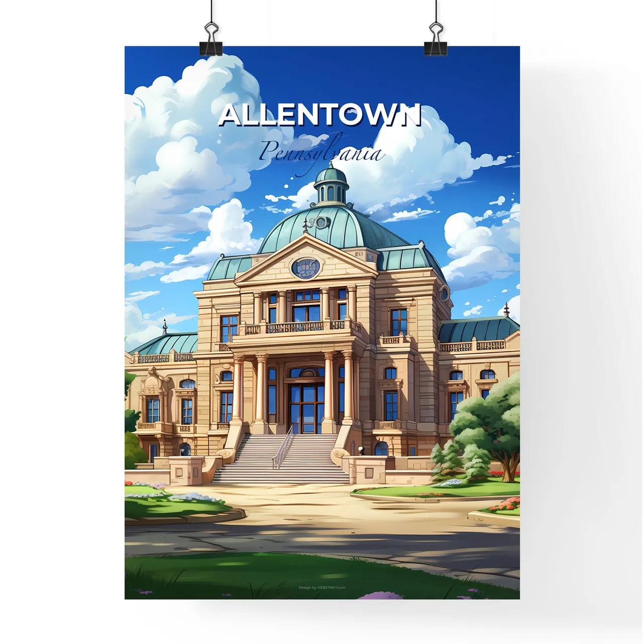 Allentown, Pennsylvania, A Poster of a large building with a dome roof and a blue sky with clouds Default Title