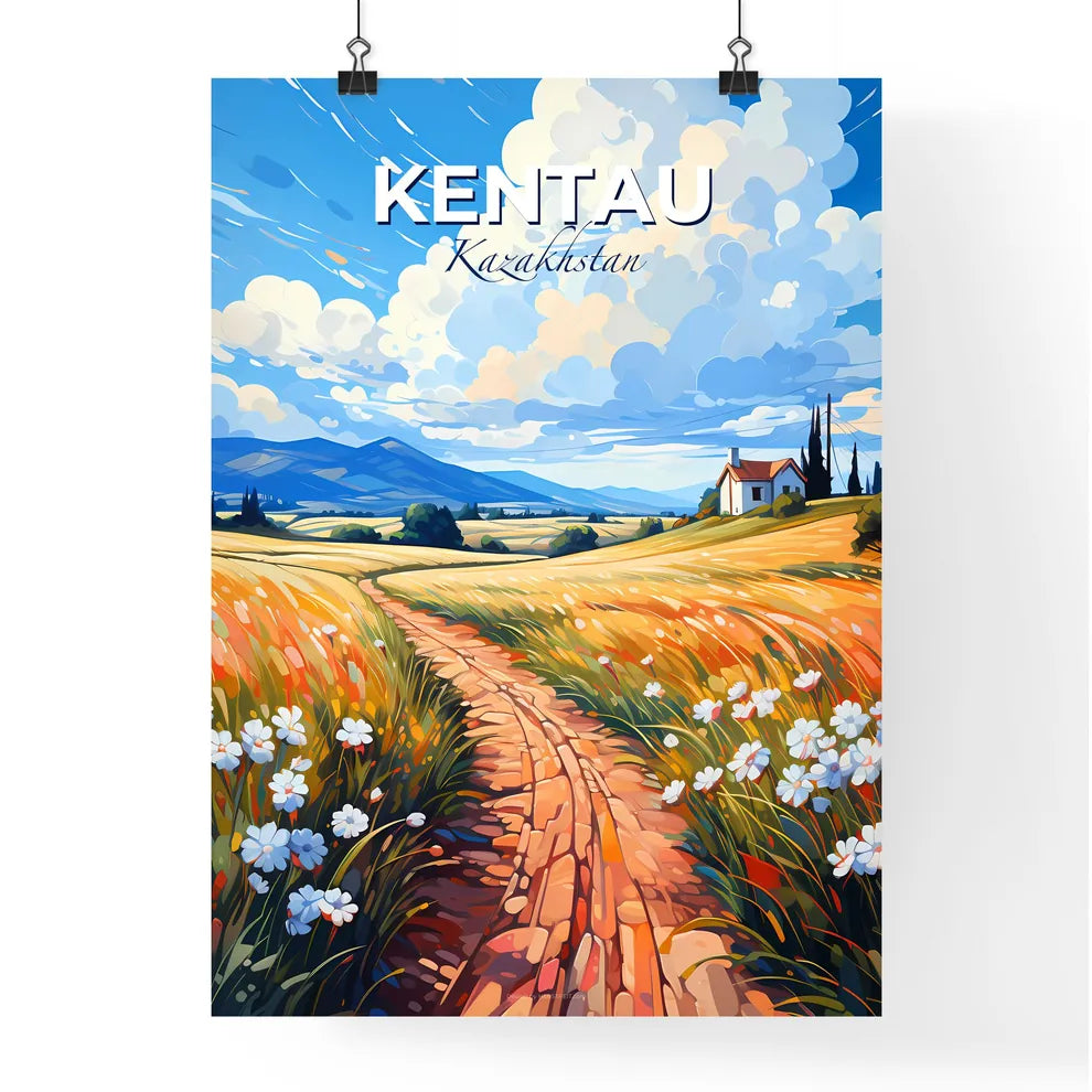 Kentau, Kazakhstan, A Poster of a painting of a field of flowers and a house Default Title