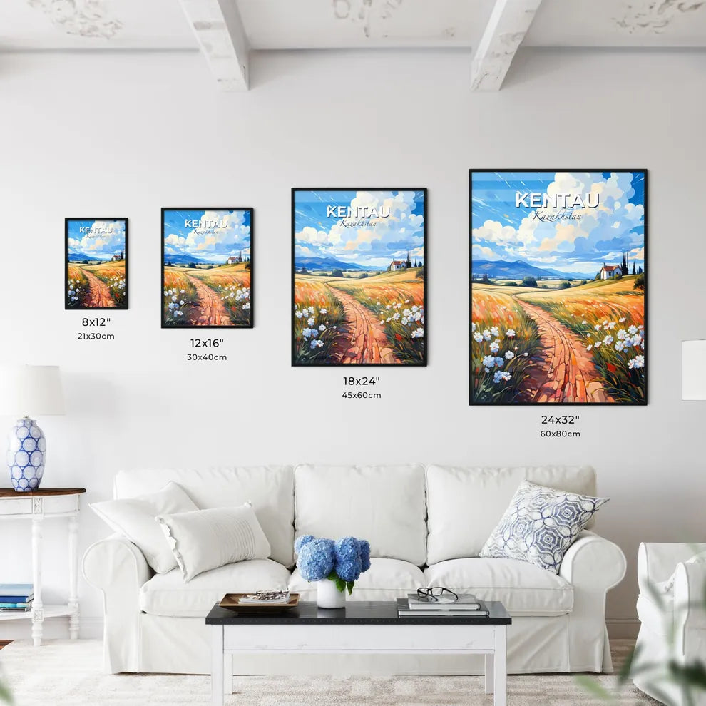 Kentau, Kazakhstan, A Poster of a painting of a field of flowers and a house Default Title
