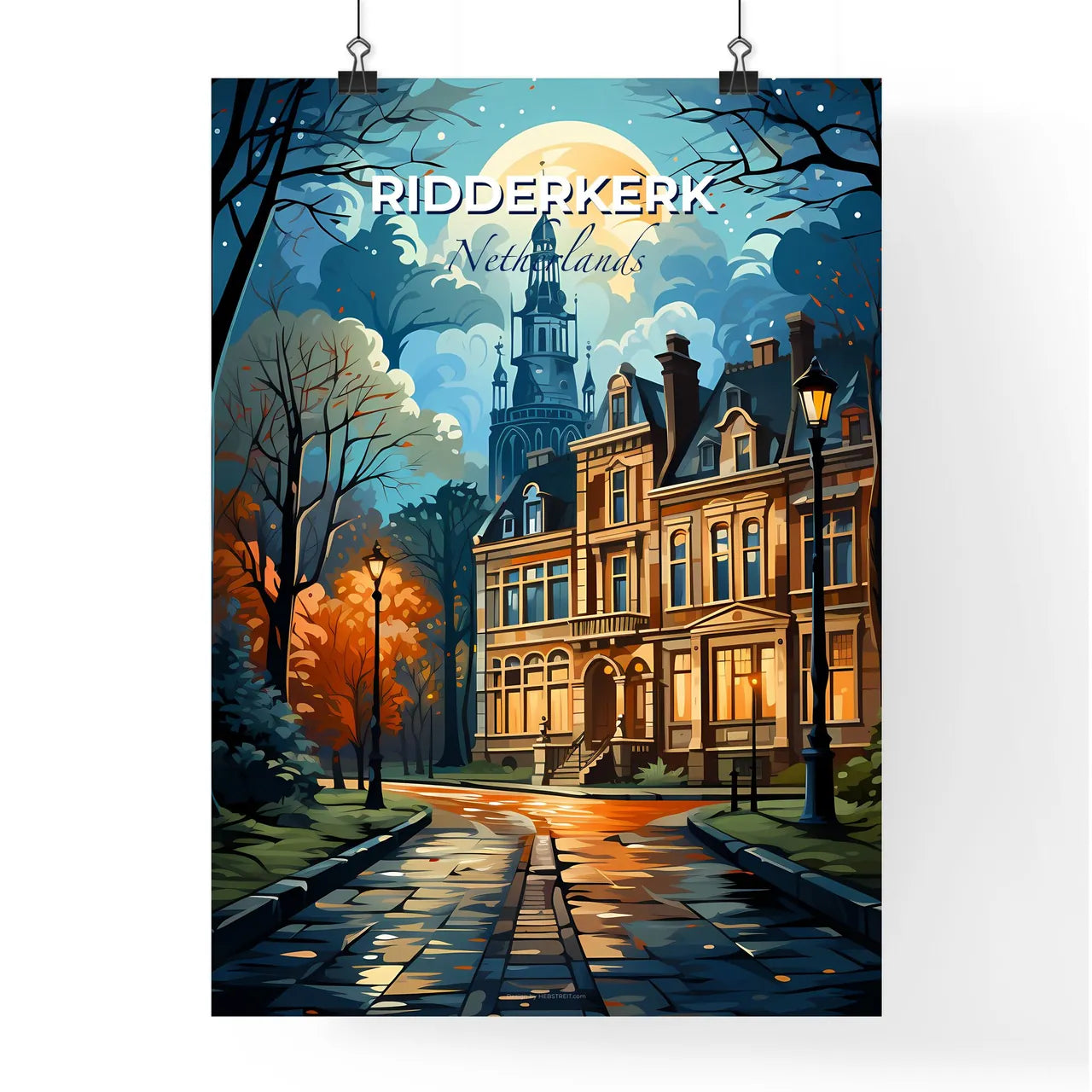 Ridderkerk, Netherlands, A Poster of a painting of a building with trees and a street light Default Title