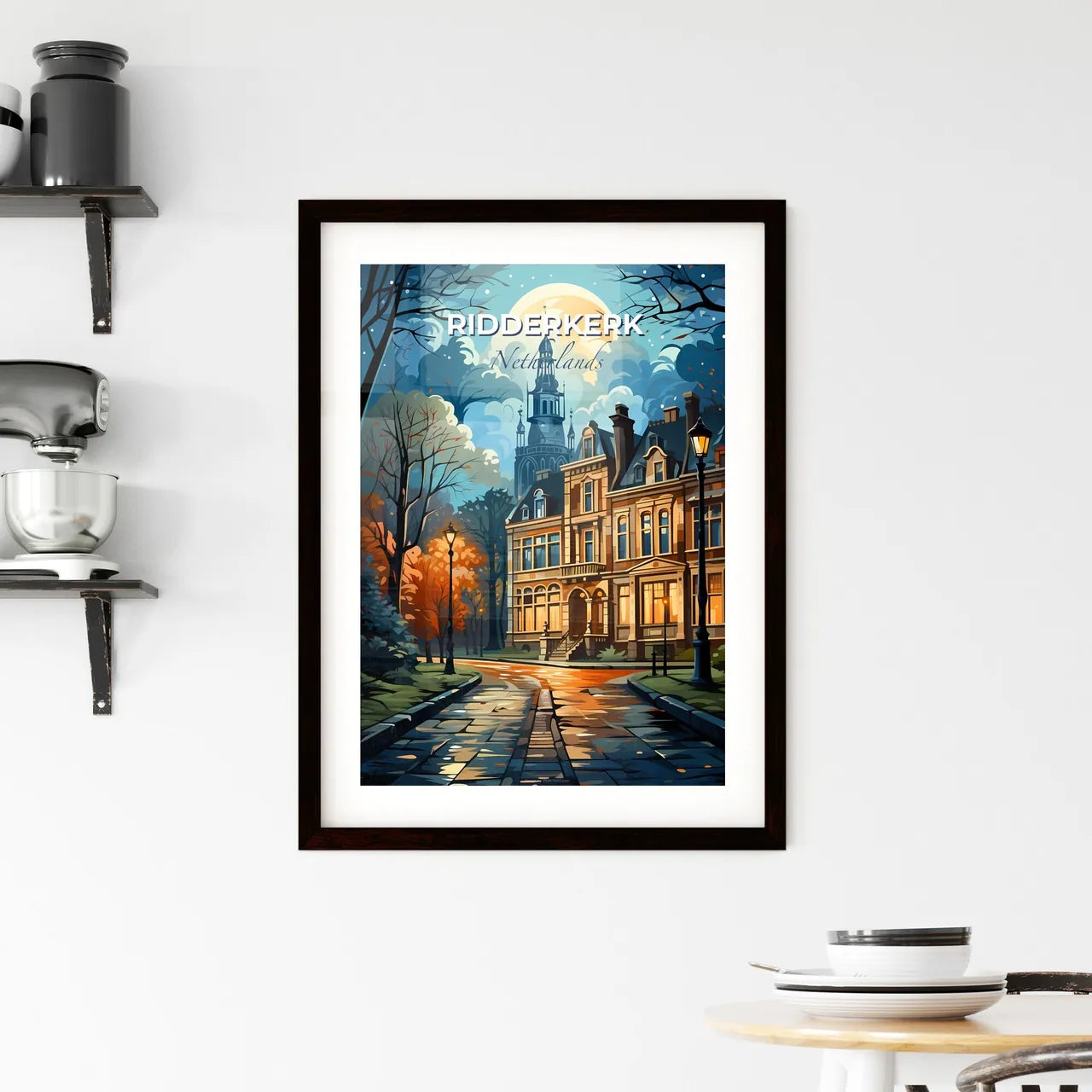 Ridderkerk, Netherlands, A Poster of a painting of a building with trees and a street light Default Title