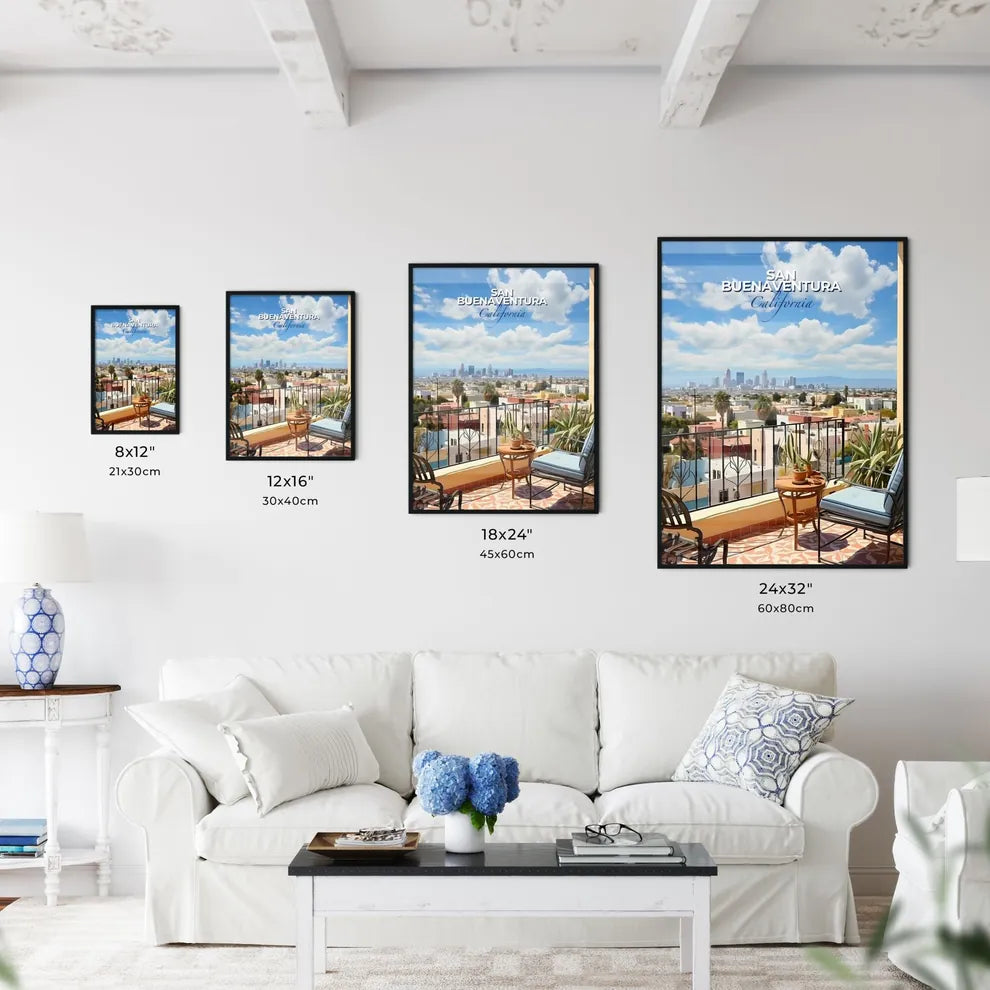 San Buenaventura, California, A Poster of a balcony with a view of a city and a blue sky Default Title