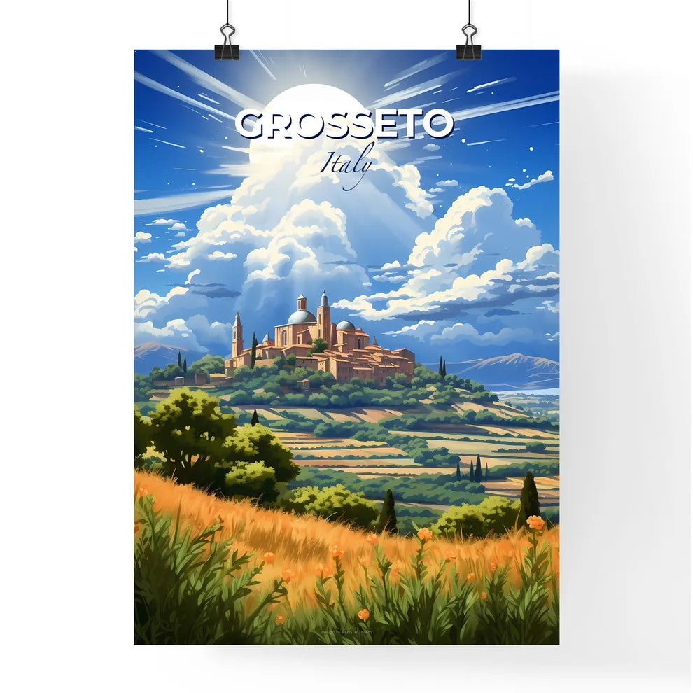 Grosseto, Italy, A Poster of a landscape with a castle and trees Default Title