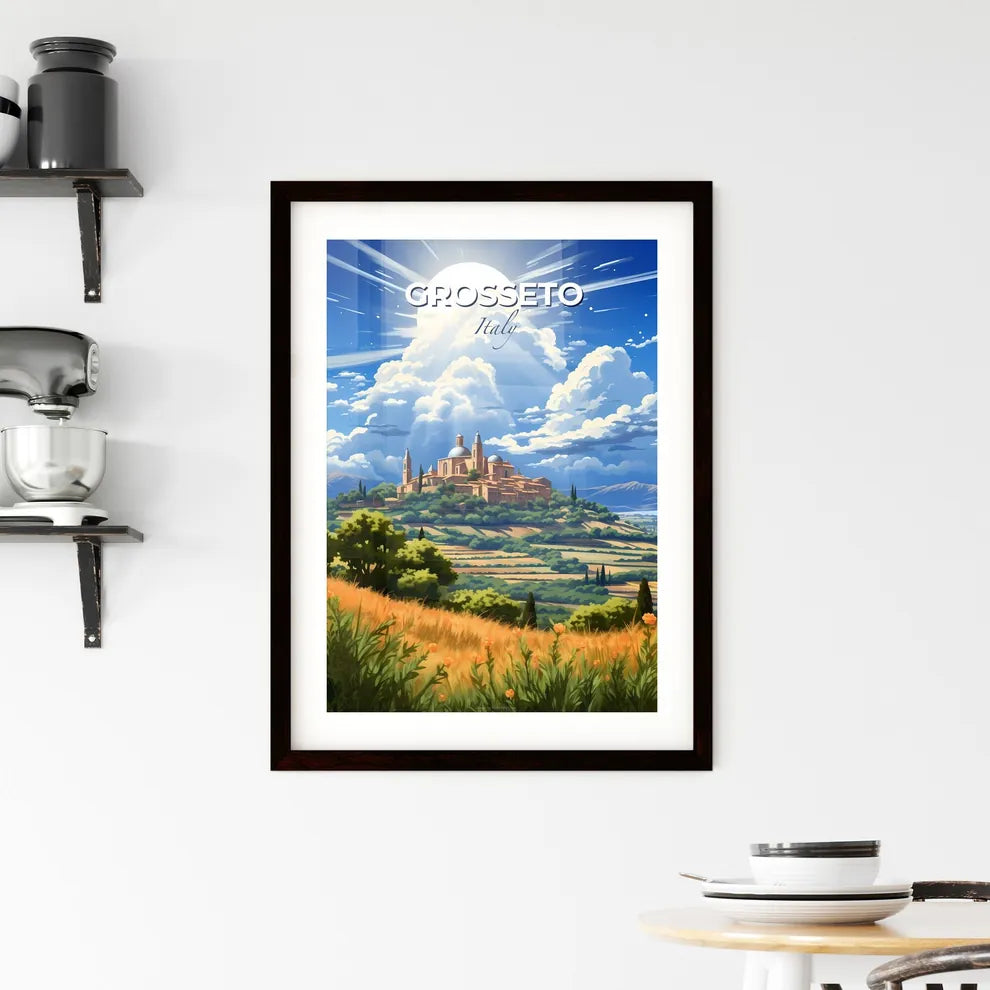 Grosseto, Italy, A Poster of a landscape with a castle and trees Default Title