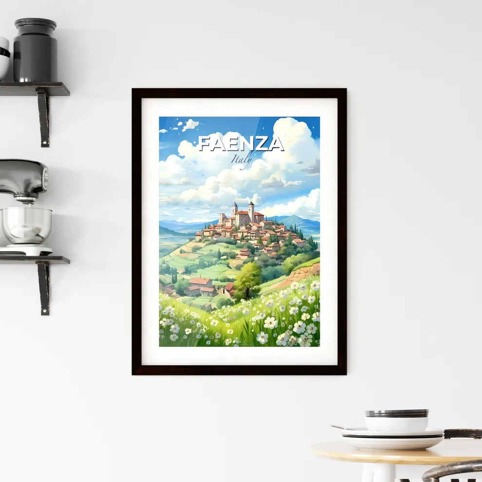 Faenza, Italy, A Poster of a landscape of a village with a hill and flowers Default Title