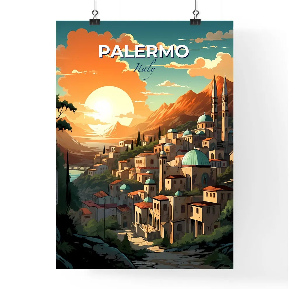 Palermo, Italy, A Poster of a city on a hill with mountains and trees Default Title