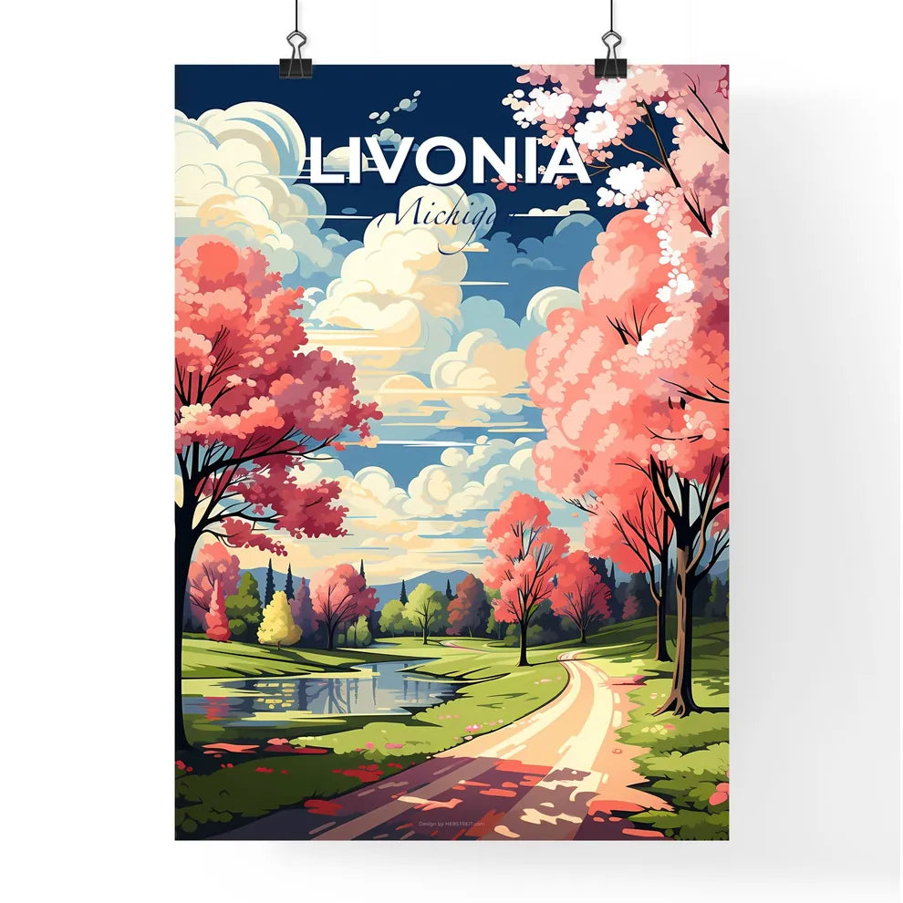 Livonia, Michigan, A Poster of a road with pink trees and a river Default Title