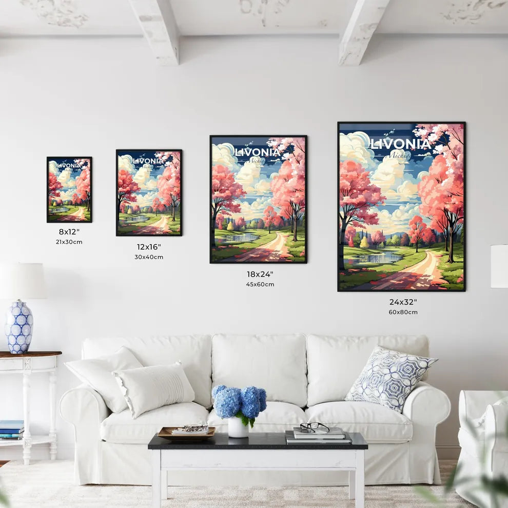 Livonia, Michigan, A Poster of a road with pink trees and a river Default Title