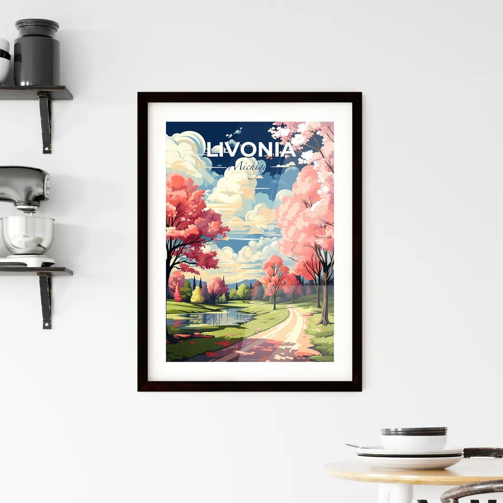 Livonia, Michigan, A Poster of a road with pink trees and a river Default Title