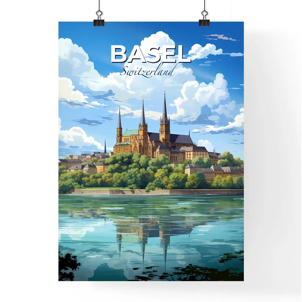 Basel, Switzerland, A Poster of a castle on a hill with trees and a body of water Default Title