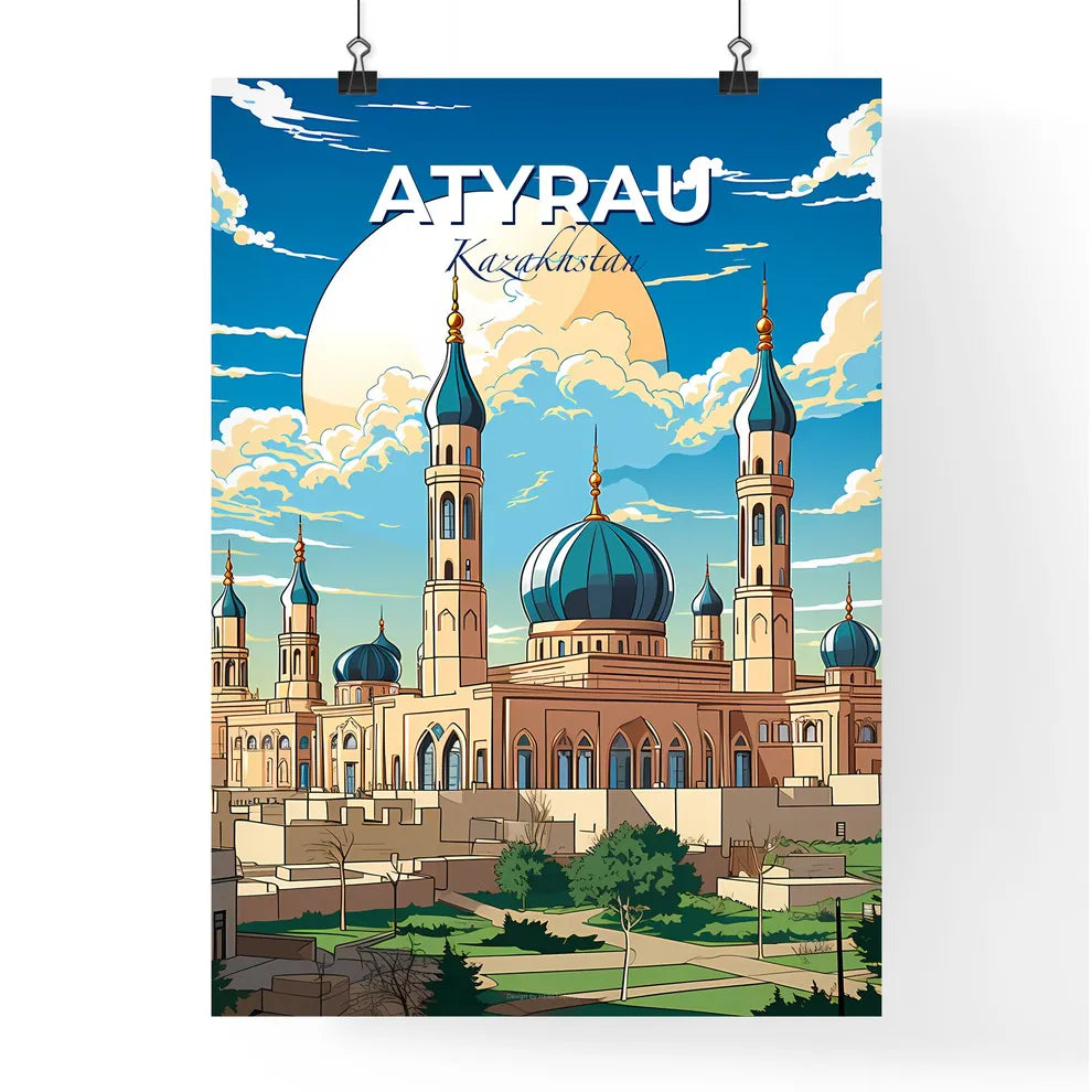 Atyrau, Kazakhstan, A Poster of a large building with blue domes and a large sun Default Title