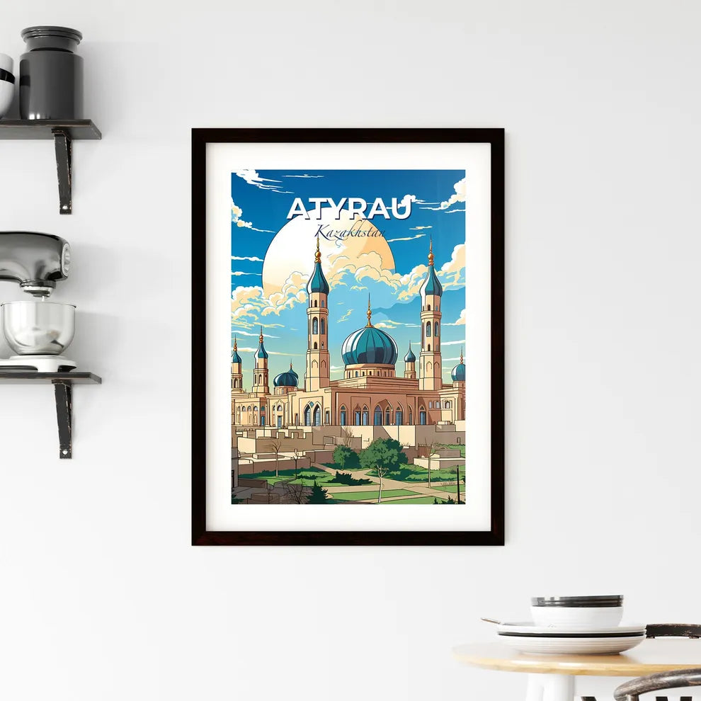Atyrau, Kazakhstan, A Poster of a large building with blue domes and a large sun Default Title