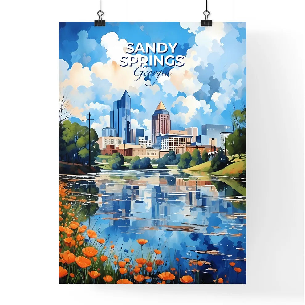 Sandy Springs, Georgia, A Poster of a water body with flowers and a city in the background Default Title
