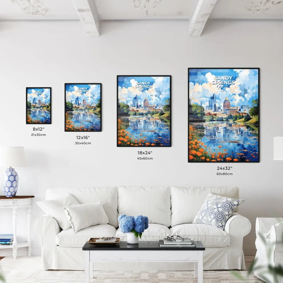 Sandy Springs, Georgia, A Poster of a water body with flowers and a city in the background Default Title