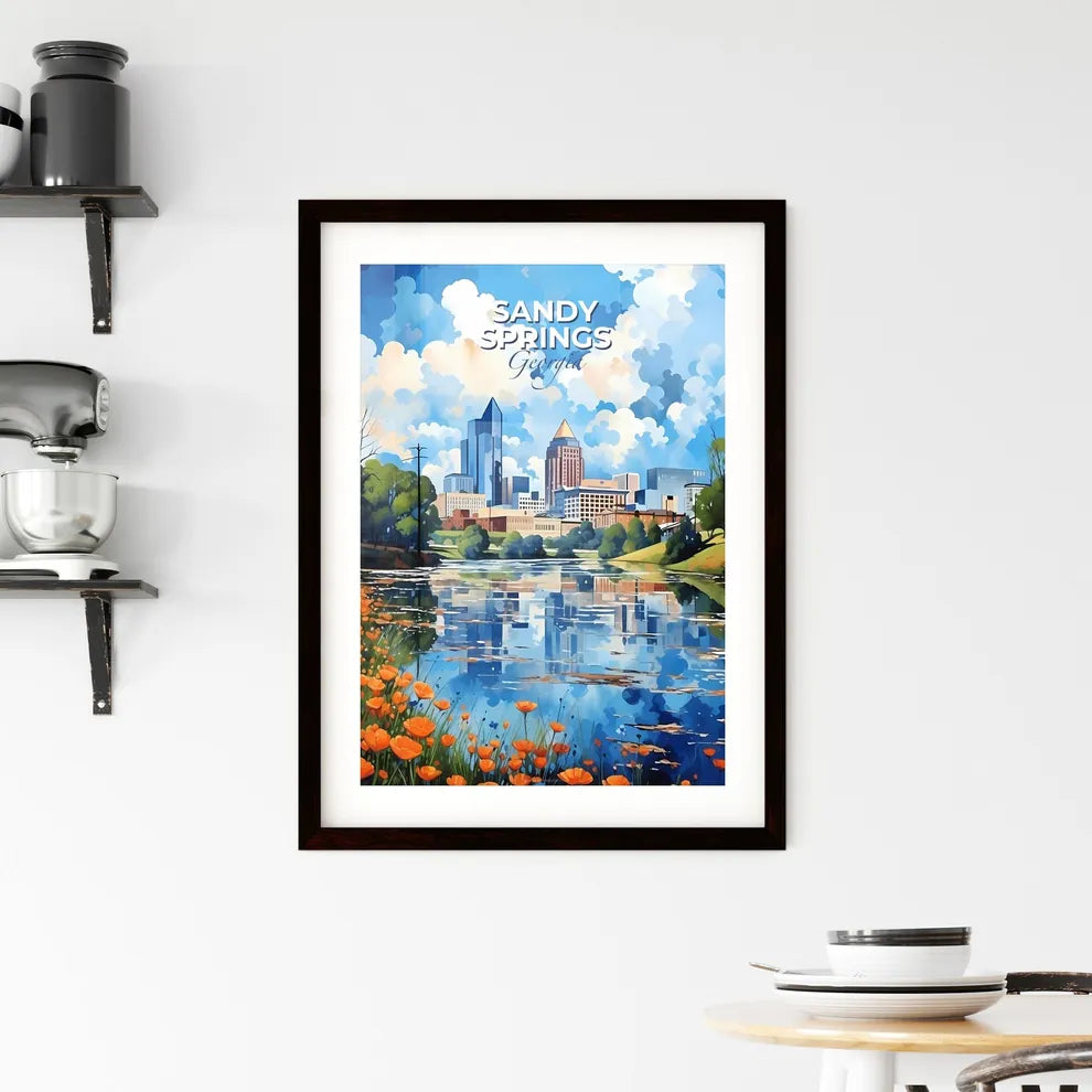 Sandy Springs, Georgia, A Poster of a water body with flowers and a city in the background Default Title
