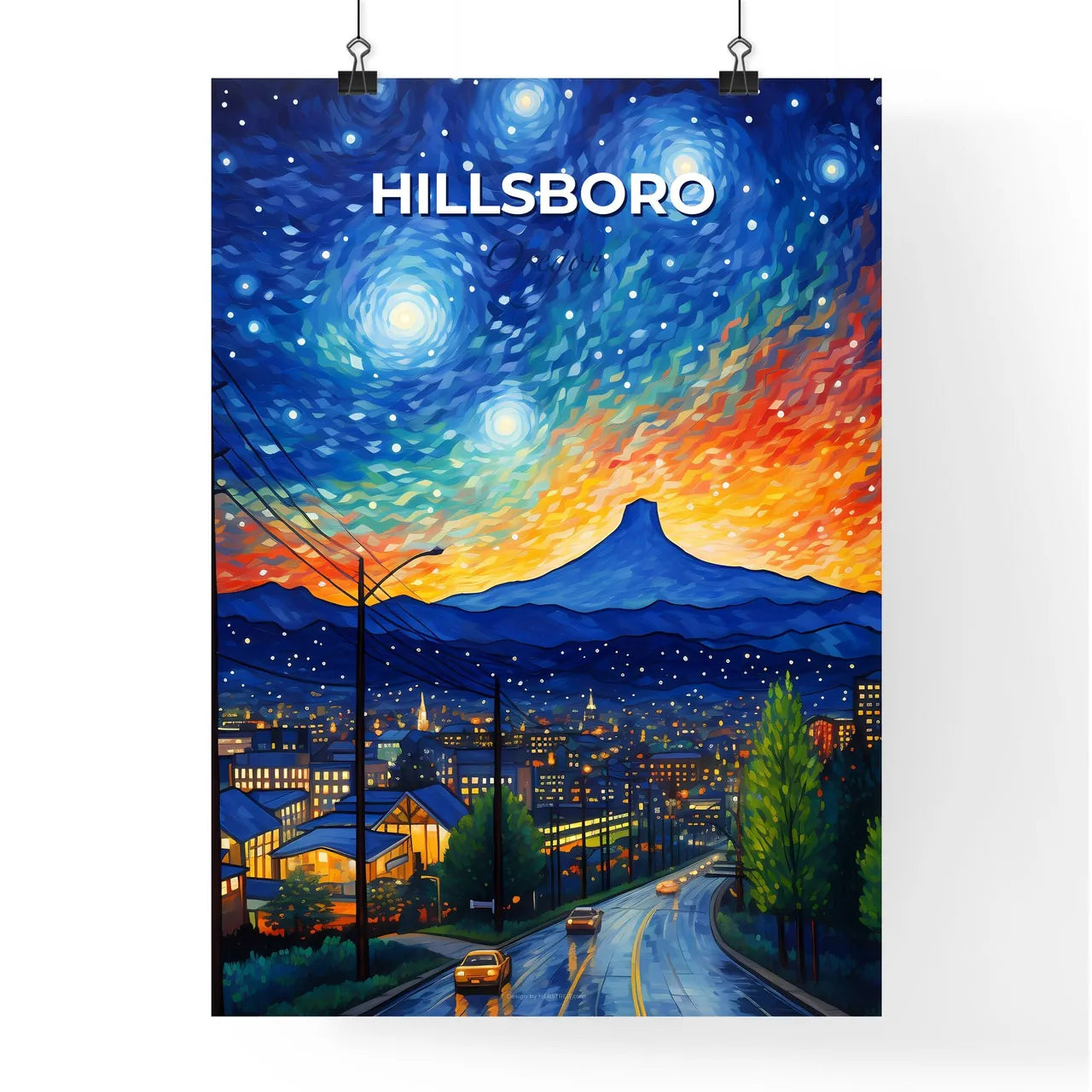 Hillsboro, Oregon, A Poster of a painting of a city at night Default Title