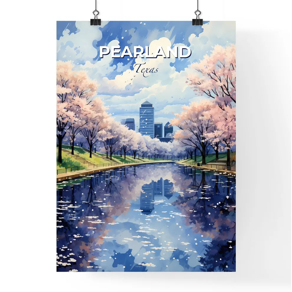 Pearland, Texas, A Poster of a water body with pink trees and buildings in the background Default Title