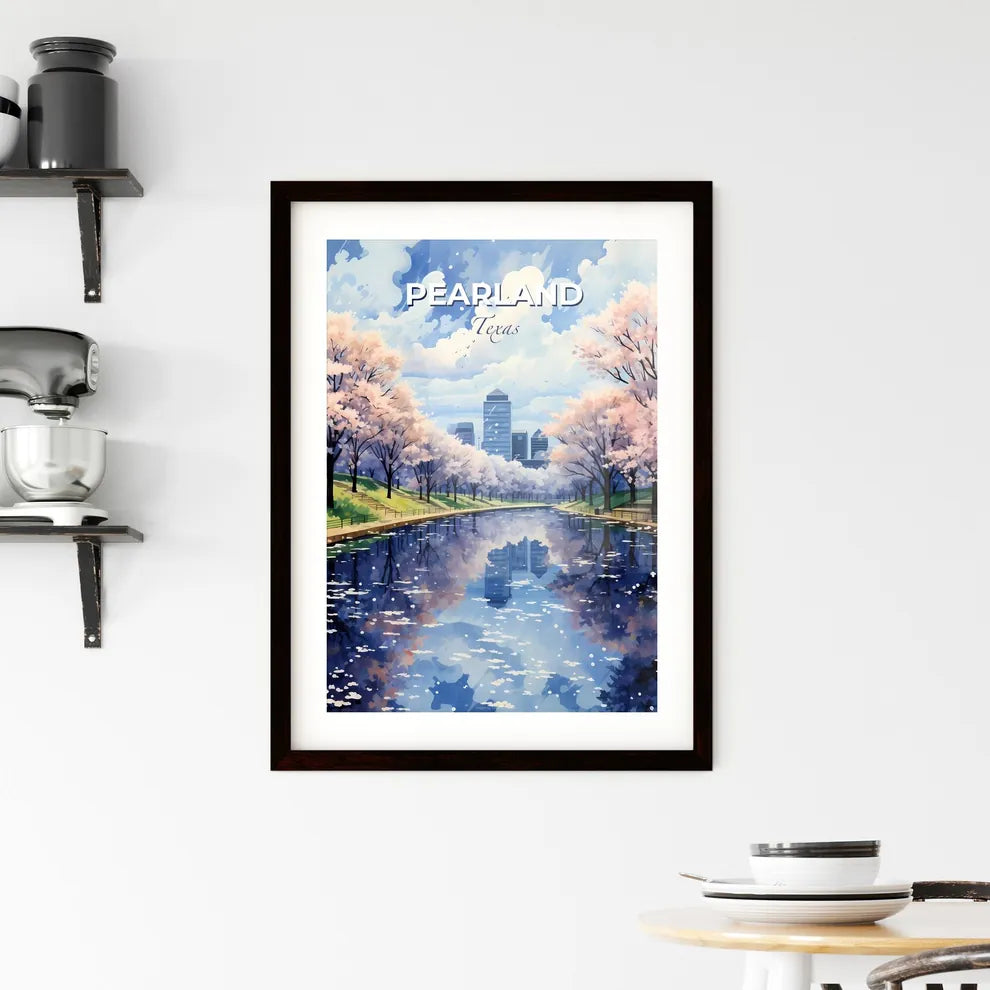 Pearland, Texas, A Poster of a water body with pink trees and buildings in the background Default Title