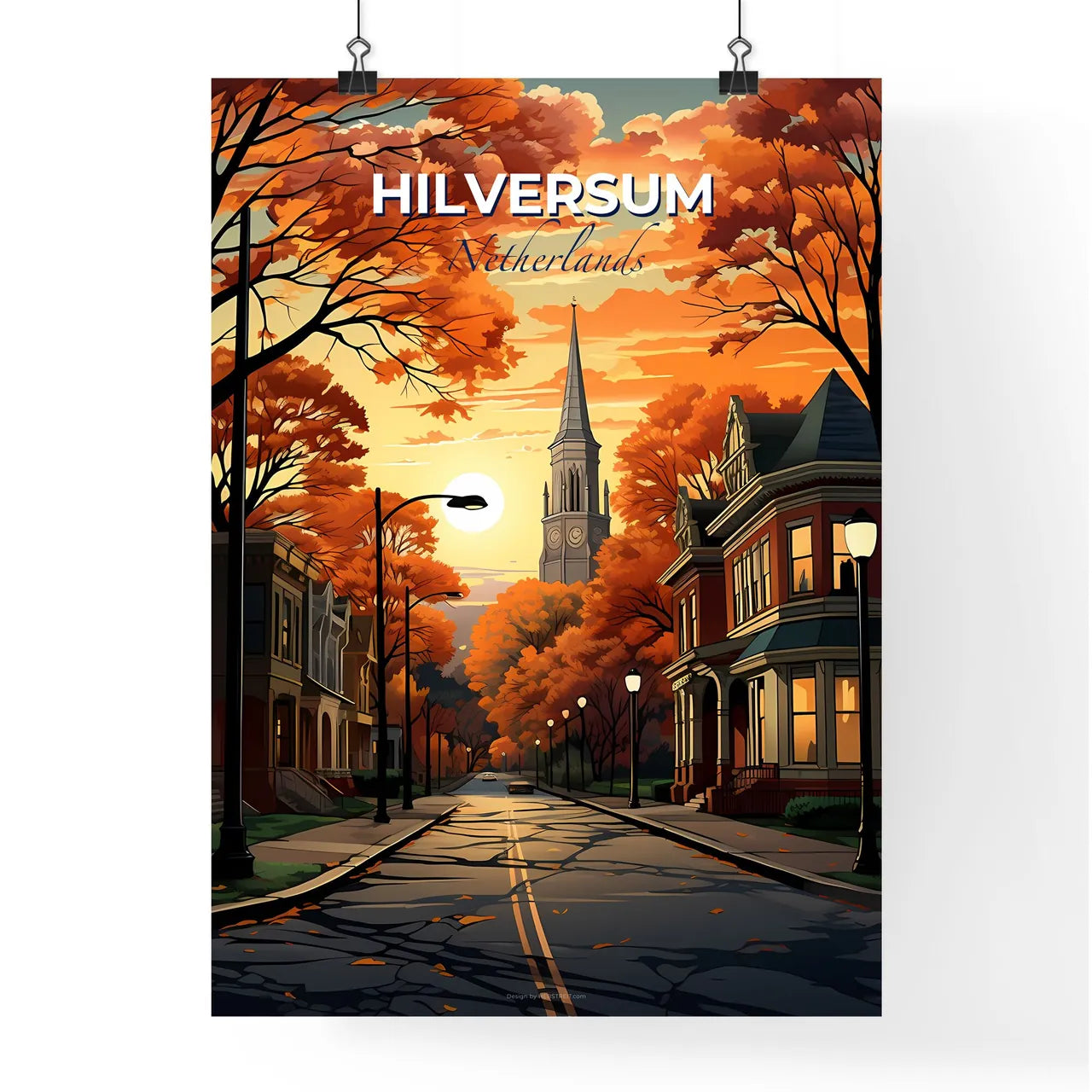Hilversum, Netherlands, A Poster of a street with trees and a church in the background Default Title