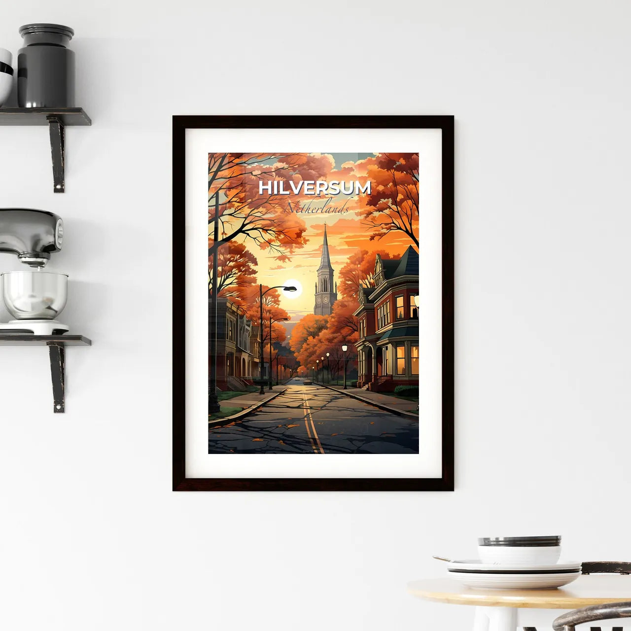Hilversum, Netherlands, A Poster of a street with trees and a church in the background Default Title