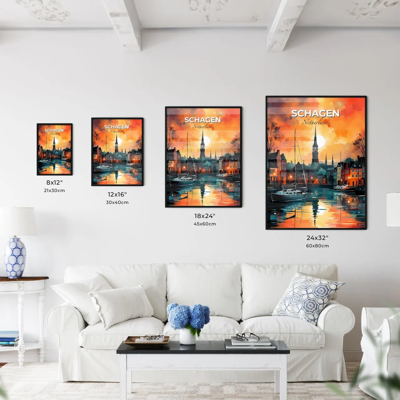 Schagen, Netherlands, A Poster of a painting of a city with boats on water Default Title