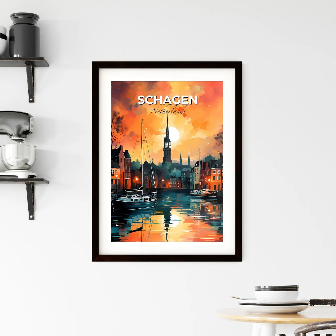 Schagen, Netherlands, A Poster of a painting of a city with boats on water Default Title