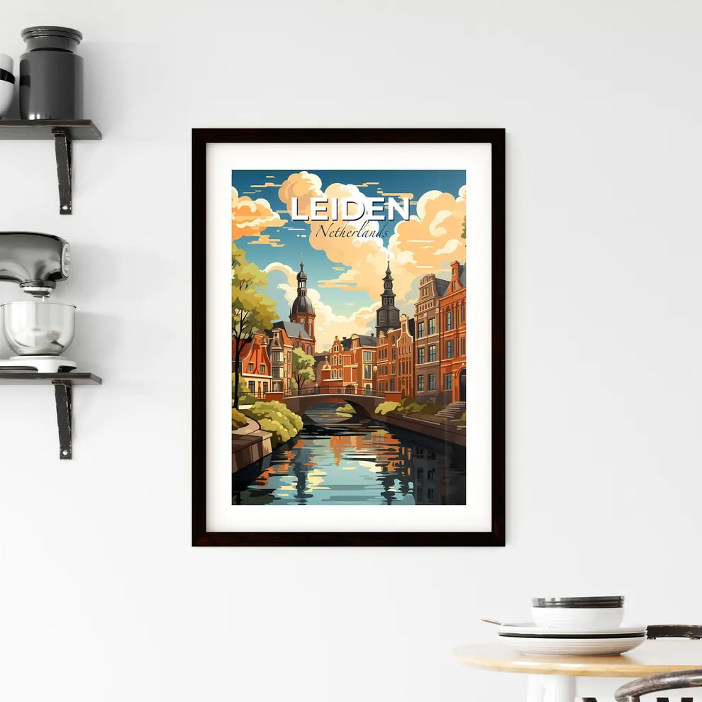 Leiden, Netherlands, A Poster of a river with a bridge and buildings Default Title