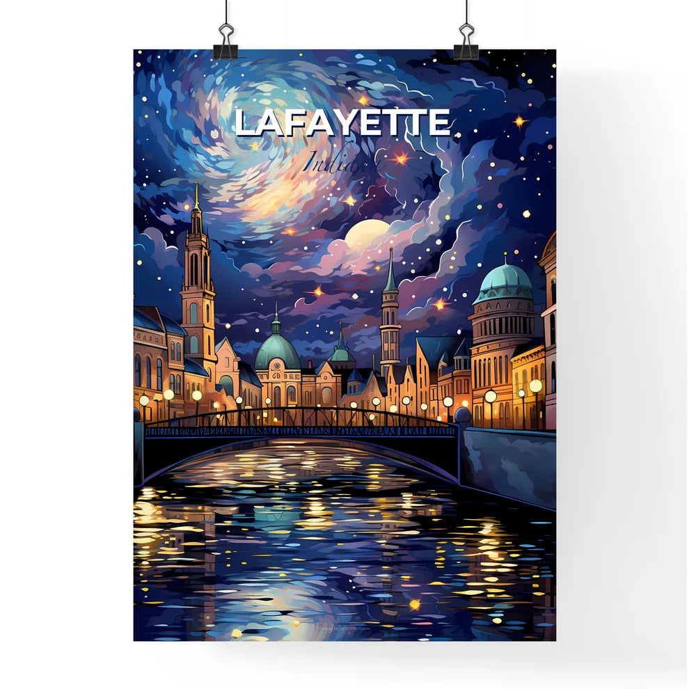 Lafayette, Indiana, A Poster of a bridge over a river with buildings and a starry sky Default Title