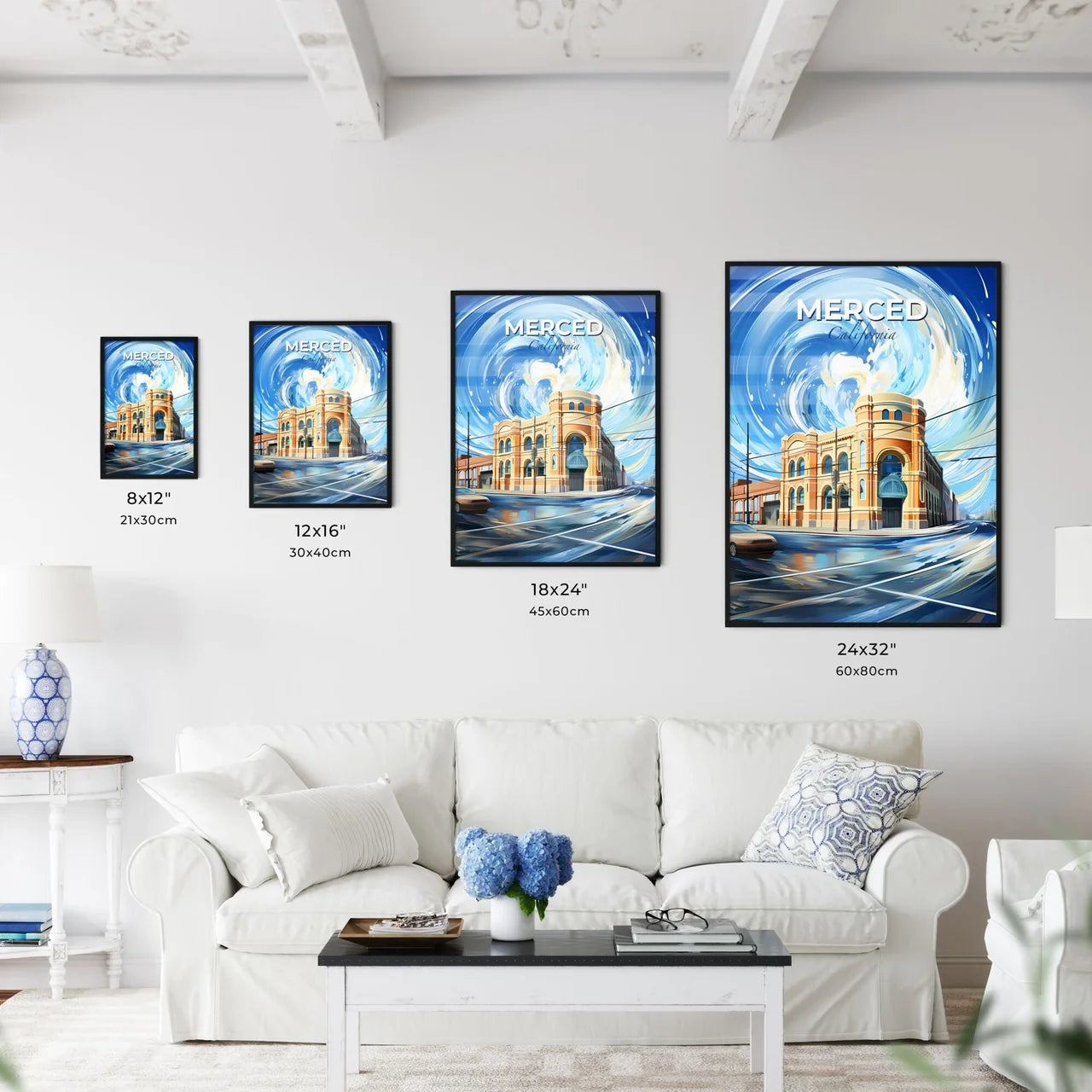Merced, California, A Poster of a painting of a building with a blue swirl in the sky Default Title