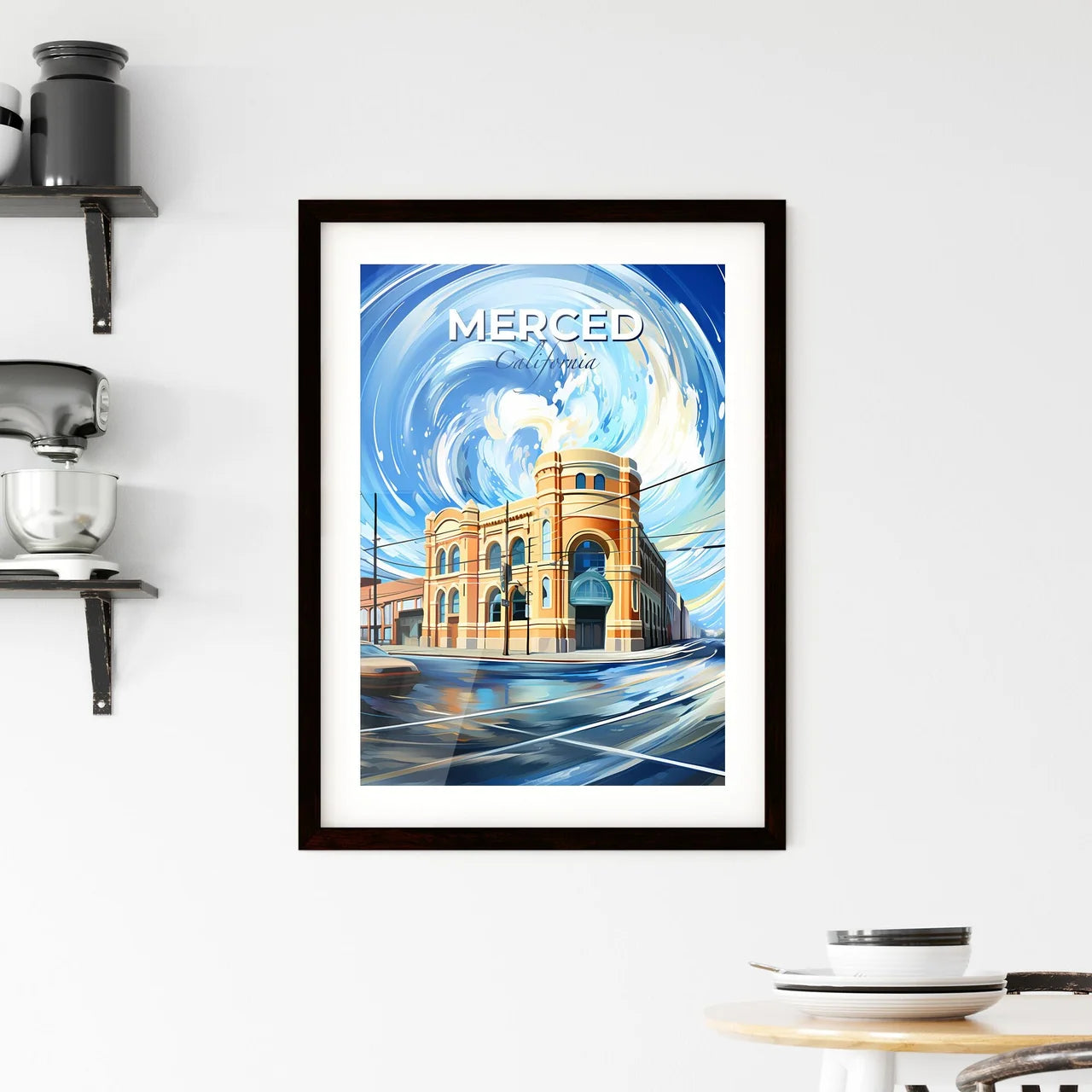 Merced, California, A Poster of a painting of a building with a blue swirl in the sky Default Title