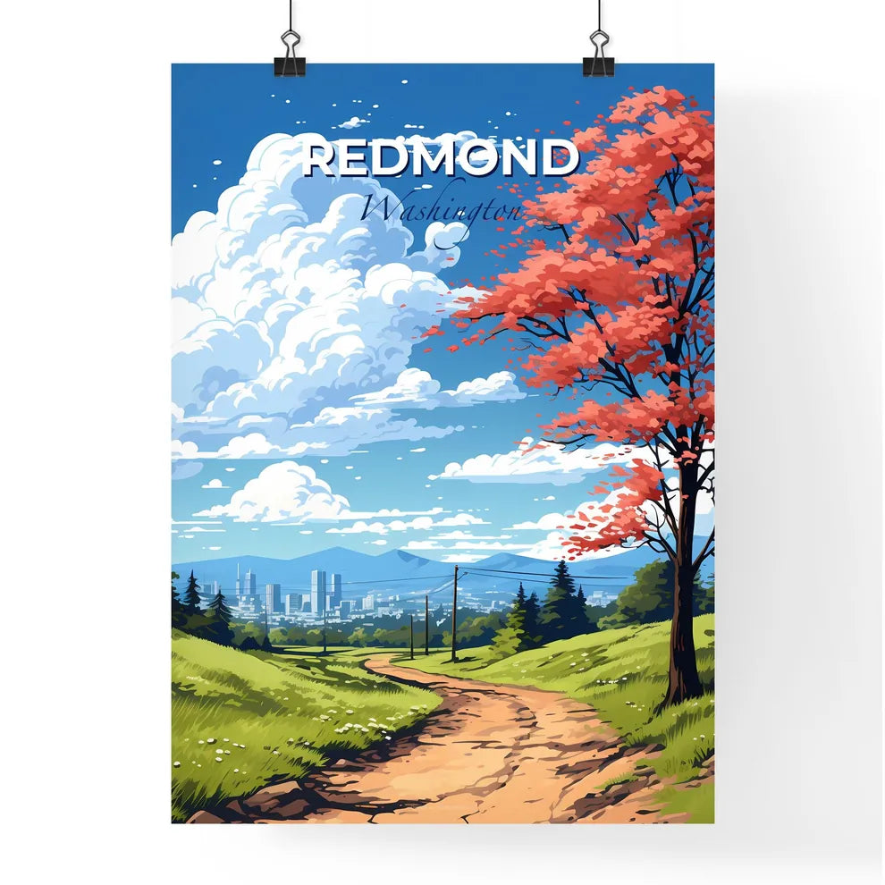 Redmond, Washington, A Poster of a dirt road with red leaves on it and a city in the background Default Title
