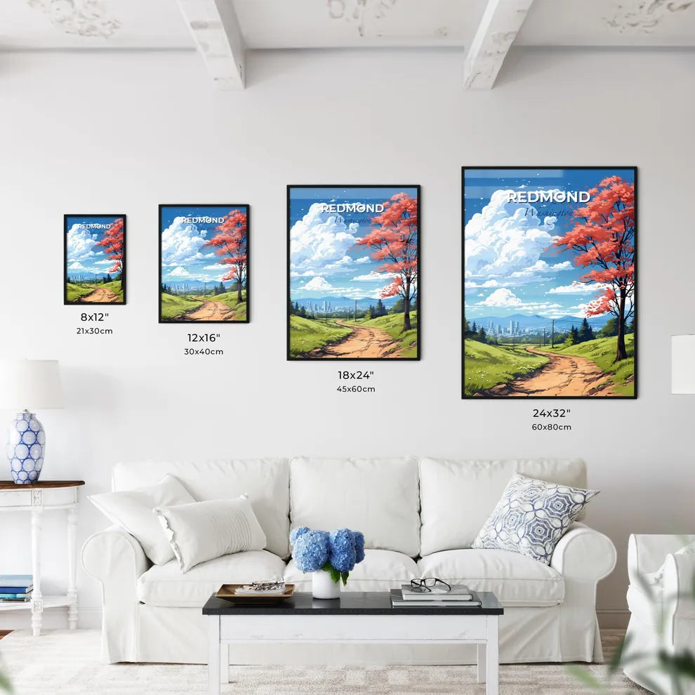 Redmond, Washington, A Poster of a dirt road with red leaves on it and a city in the background Default Title