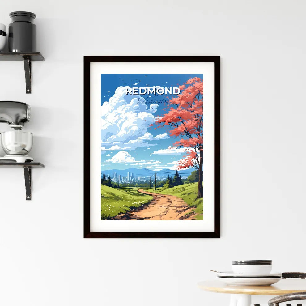 Redmond, Washington, A Poster of a dirt road with red leaves on it and a city in the background Default Title