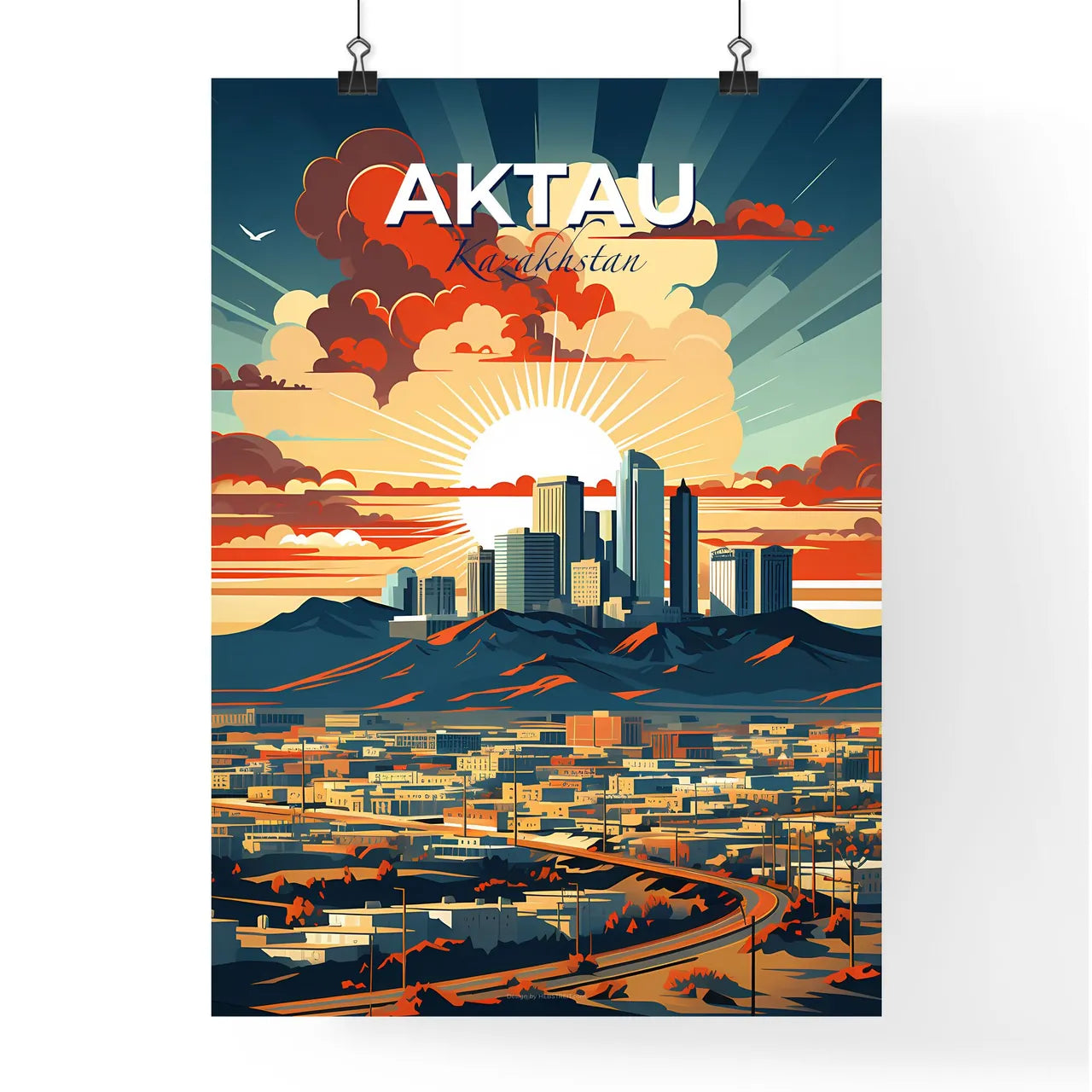 Aktau, Kazakhstan, A Poster of a city with mountains and clouds in the sky Default Title