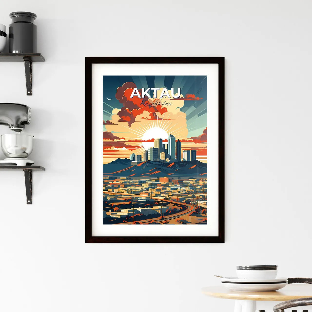 Aktau, Kazakhstan, A Poster of a city with mountains and clouds in the sky Default Title
