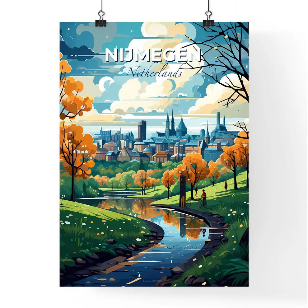 Nijmegen, Netherlands, A Poster of a river running through a park with trees and a city in the background Default Title