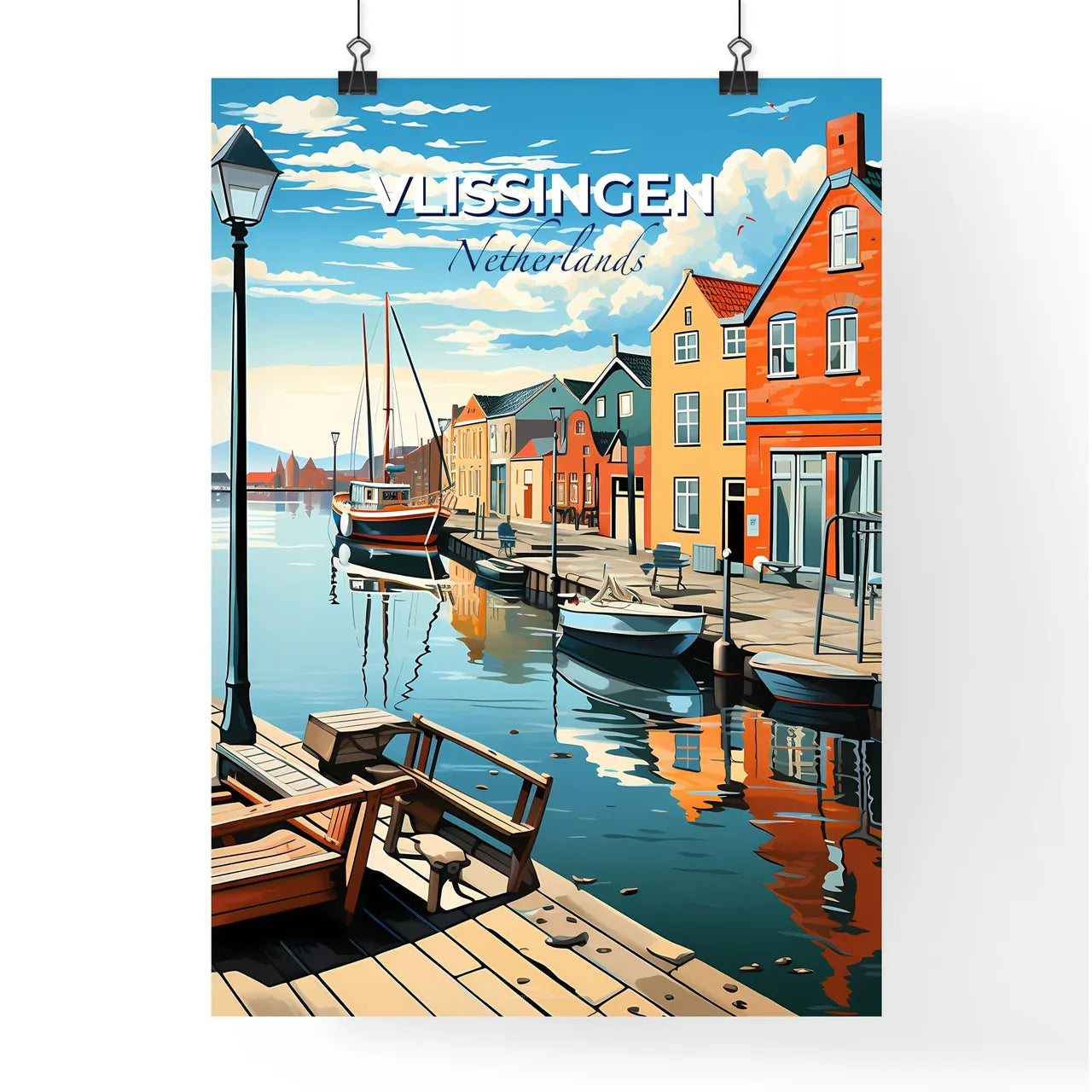 Vlissingen, Netherlands, A Poster of a water way with boats and buildings Default Title