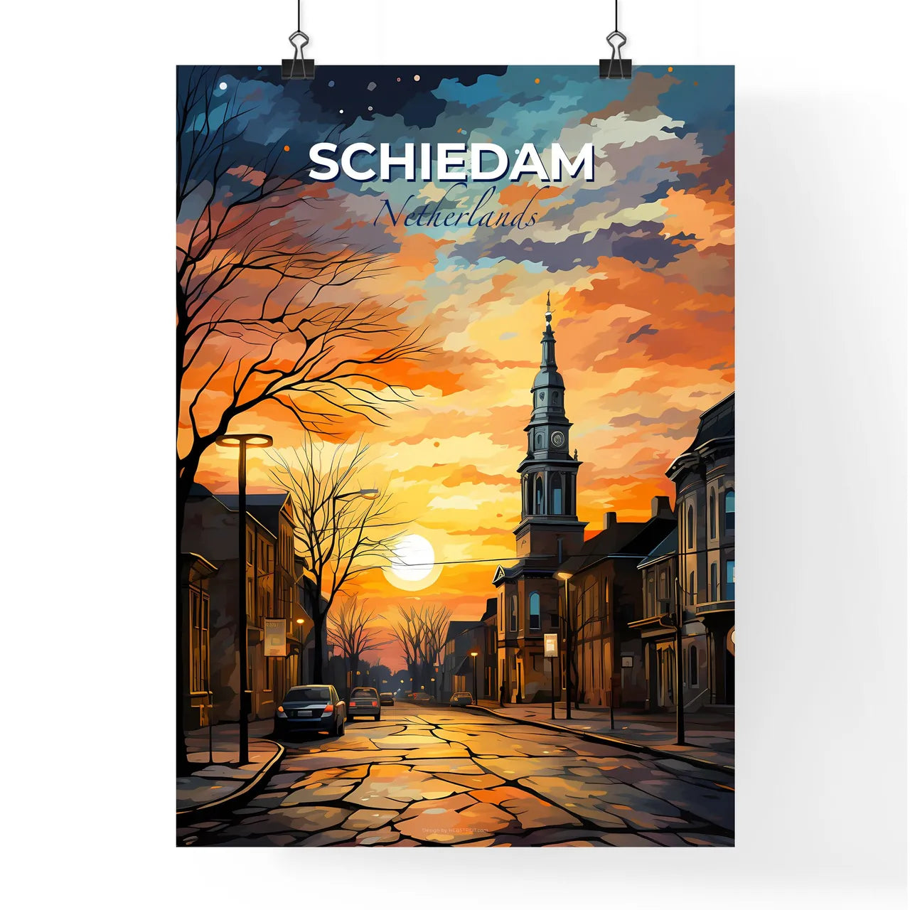 Schiedam, Netherlands, A Poster of a street with a clock tower and buildings in the background Default Title