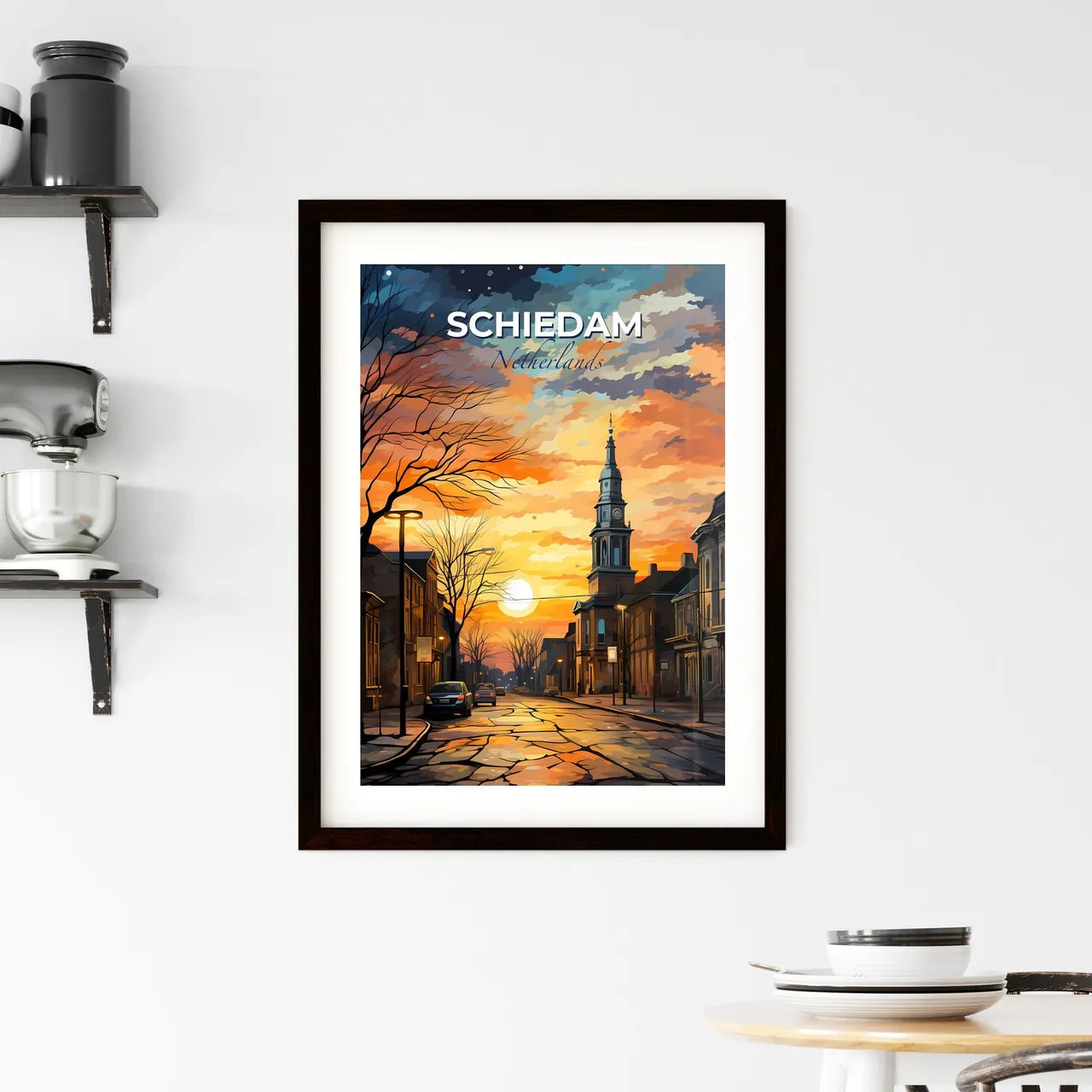 Schiedam, Netherlands, A Poster of a street with a clock tower and buildings in the background Default Title