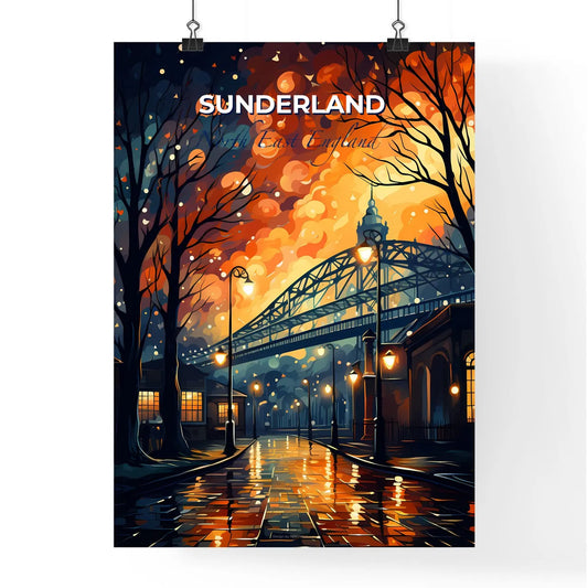 Sunderland, North East England, A Poster of a street with a bridge and trees at night Default Title